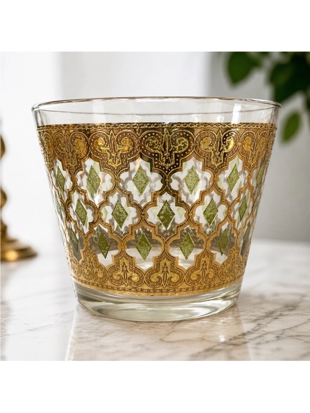 Culver Valencia Ice Bucket 22K Gold Green Glass Vintage MCM